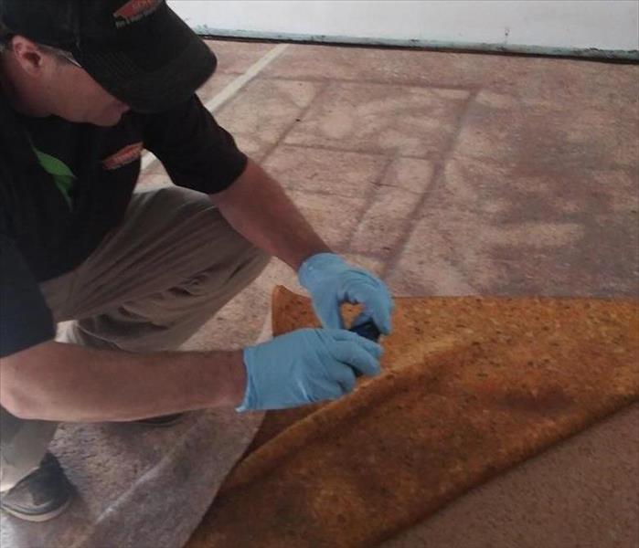 Technician bending down showcasing flooring