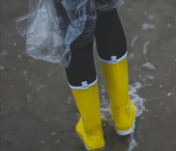 yellow boots walking in rain