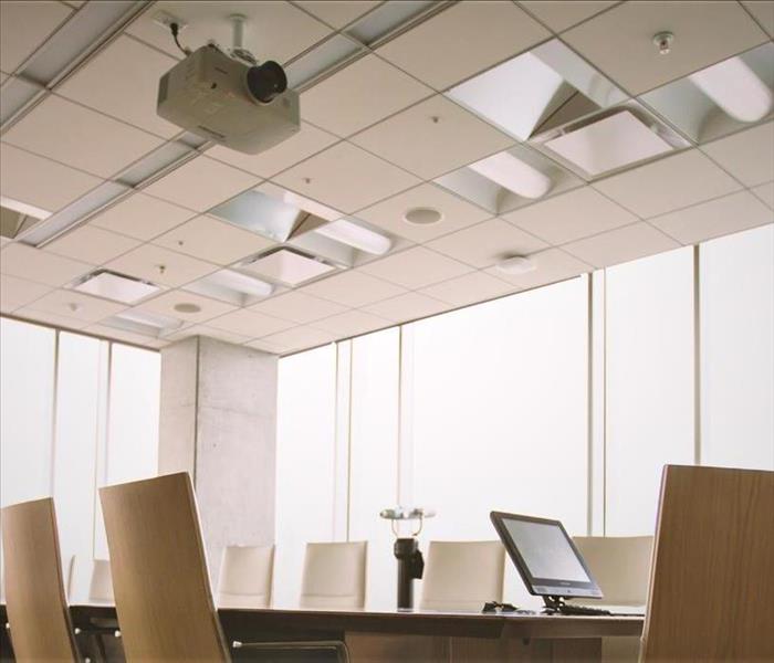 Commercial Office ceiling with projector, lights, and sprinkler system